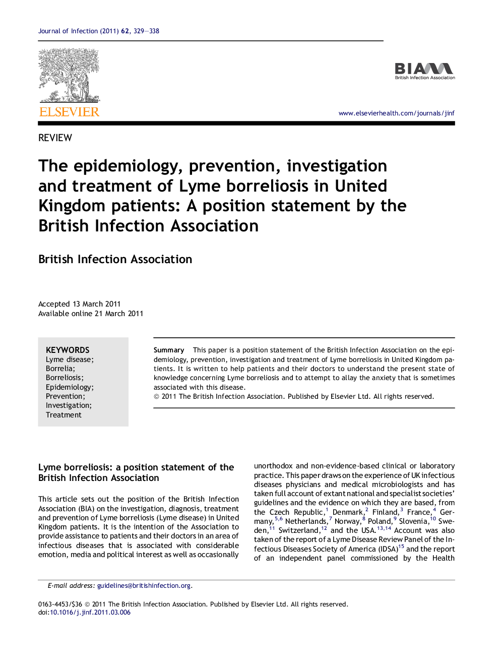 The epidemiology, prevention, investigation and treatment of Lyme borreliosis in United Kingdom patients: A position statement by the British Infection Association