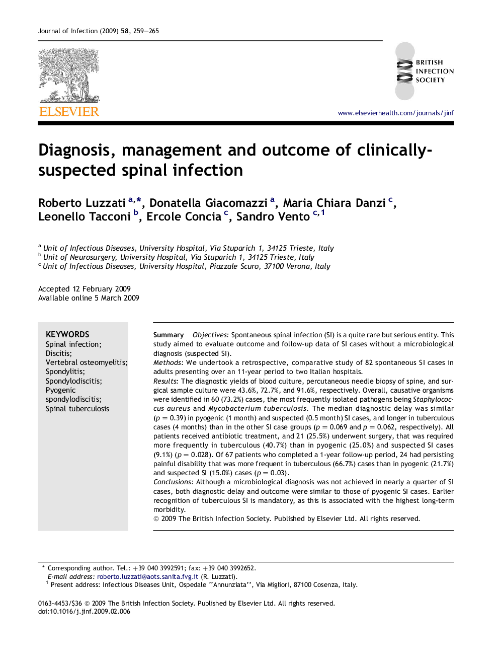 Diagnosis, management and outcome of clinically- suspected spinal infection