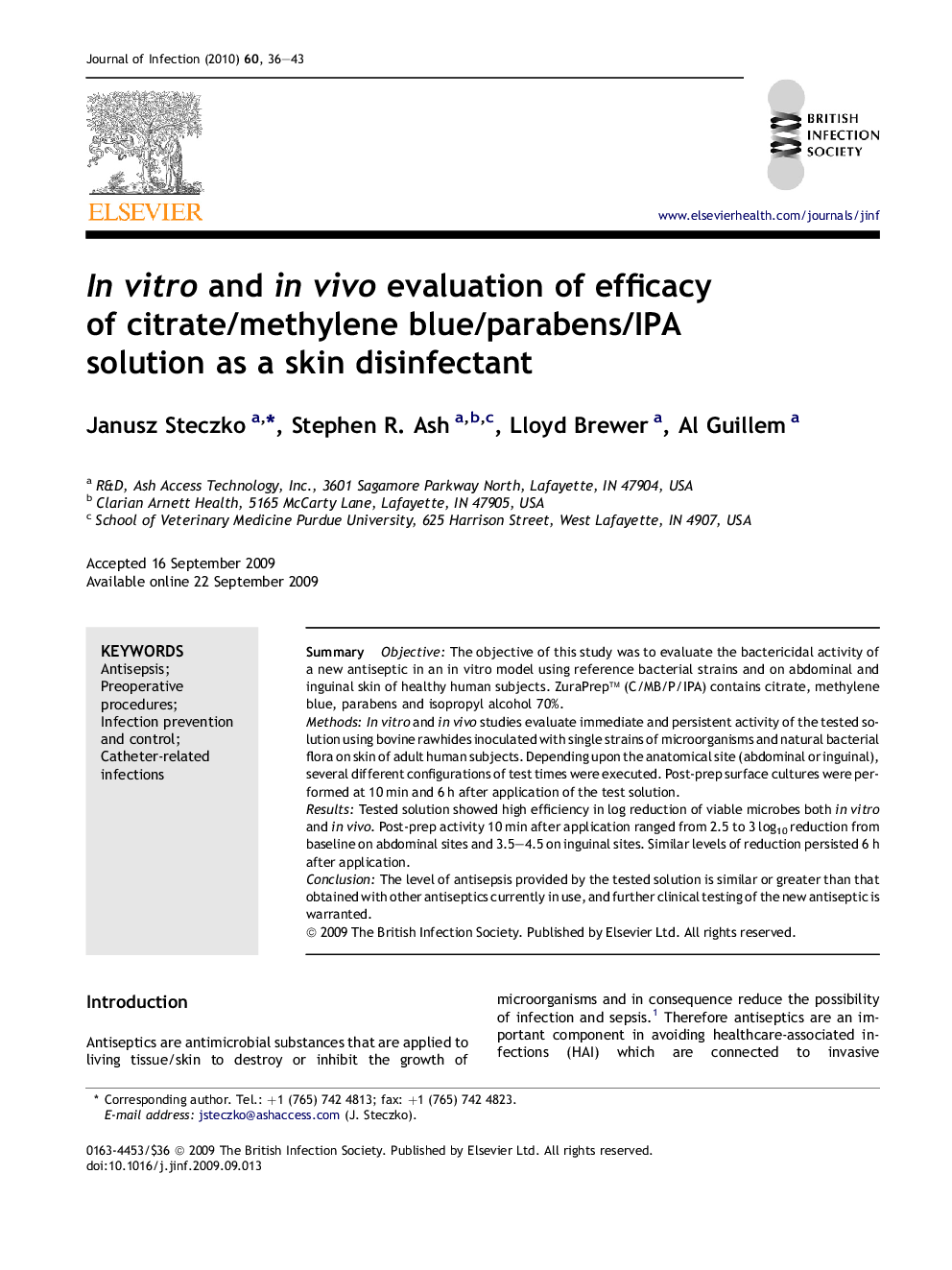 In vitro and in vivo evaluation of efficacy of citrate/methylene blue/parabens/IPA solution as a skin disinfectant