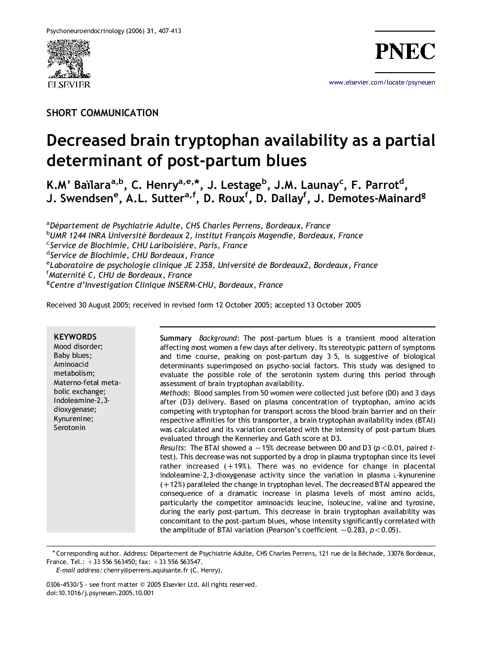 Decreased brain tryptophan availability as a partial determinant of post-partum blues