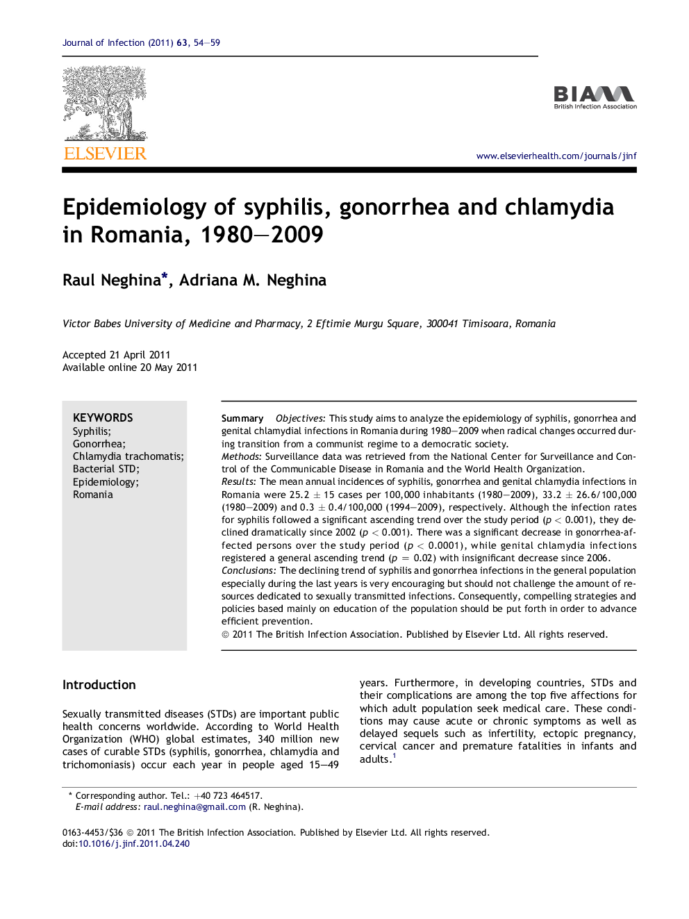 Epidemiology of syphilis, gonorrhea and chlamydia in Romania, 1980–2009