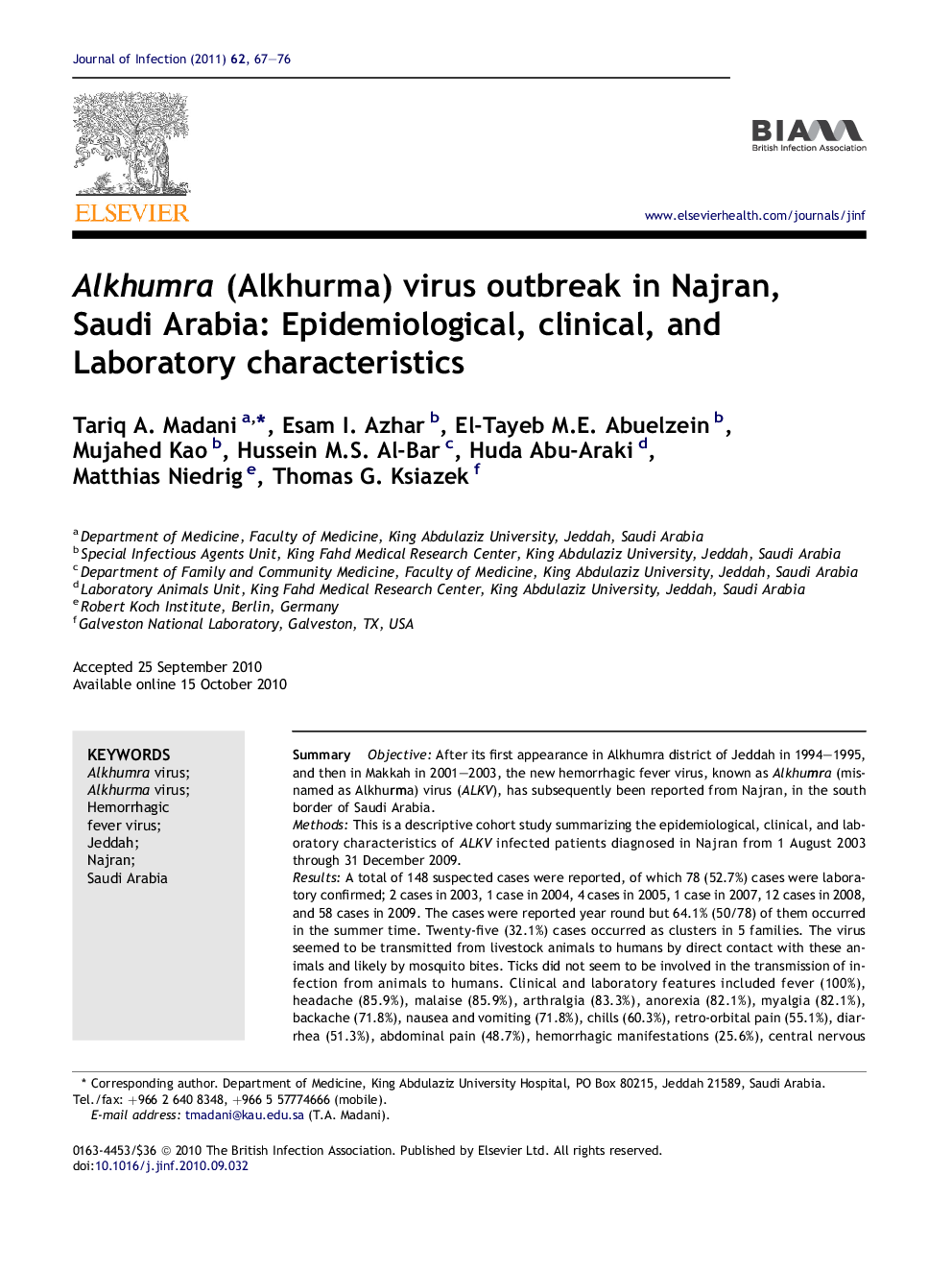 Alkhumra (Alkhurma) virus outbreak in Najran, Saudi Arabia: Epidemiological, clinical, and Laboratory characteristics