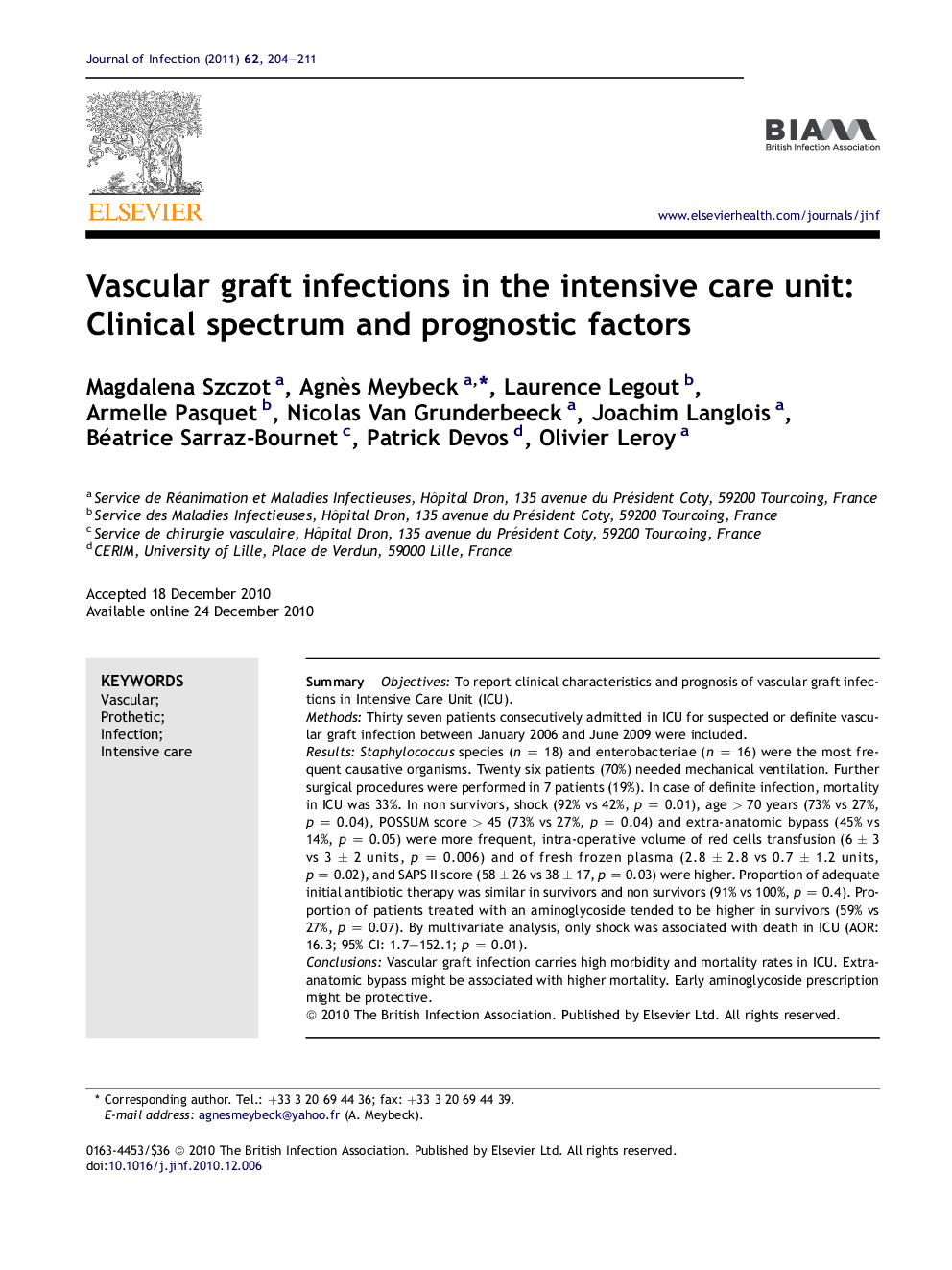 Vascular graft infections in the intensive care unit: Clinical spectrum and prognostic factors