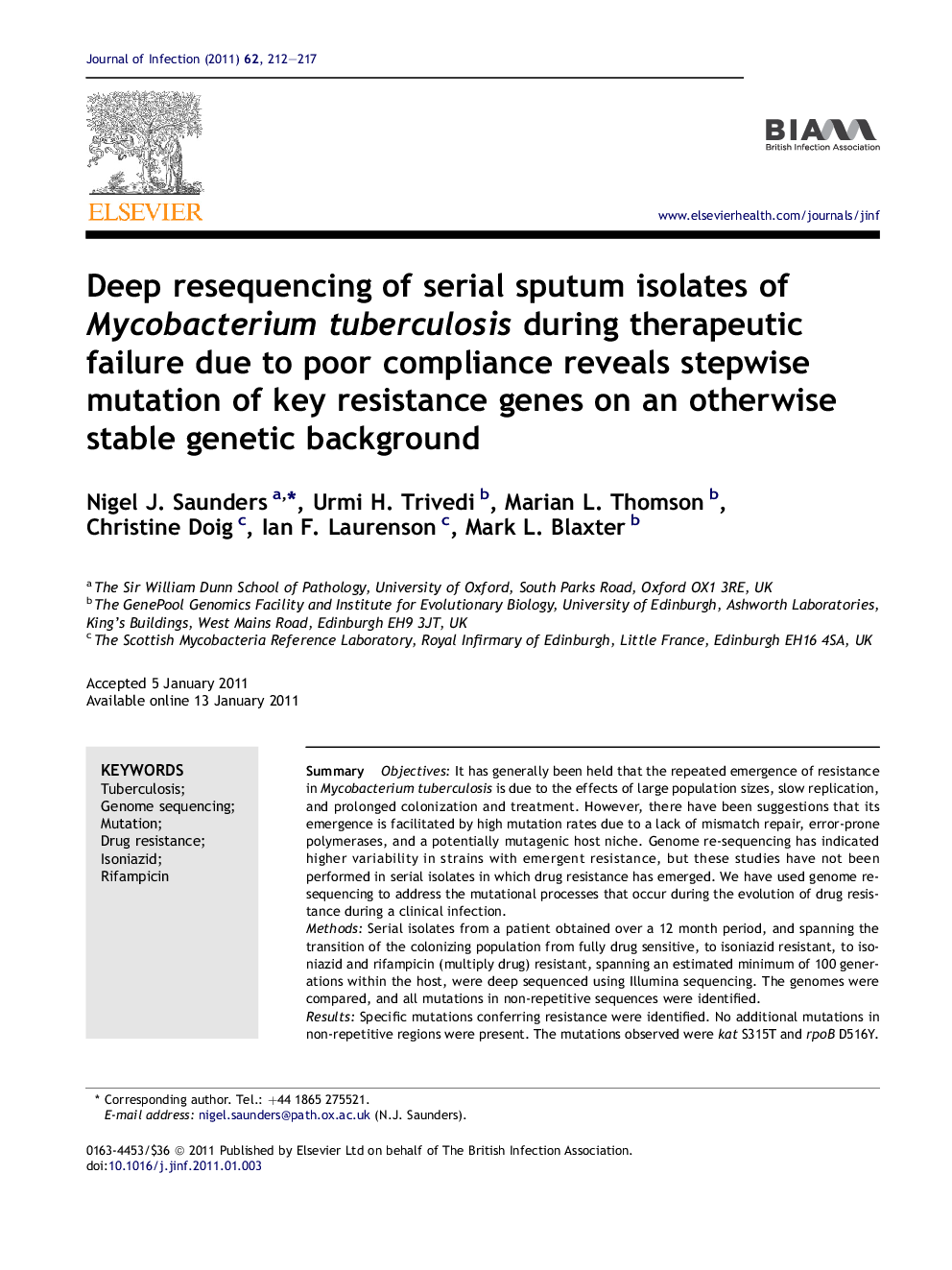 Deep resequencing of serial sputum isolates of Mycobacterium tuberculosis during therapeutic failure due to poor compliance reveals stepwise mutation of key resistance genes on an otherwise stable genetic background