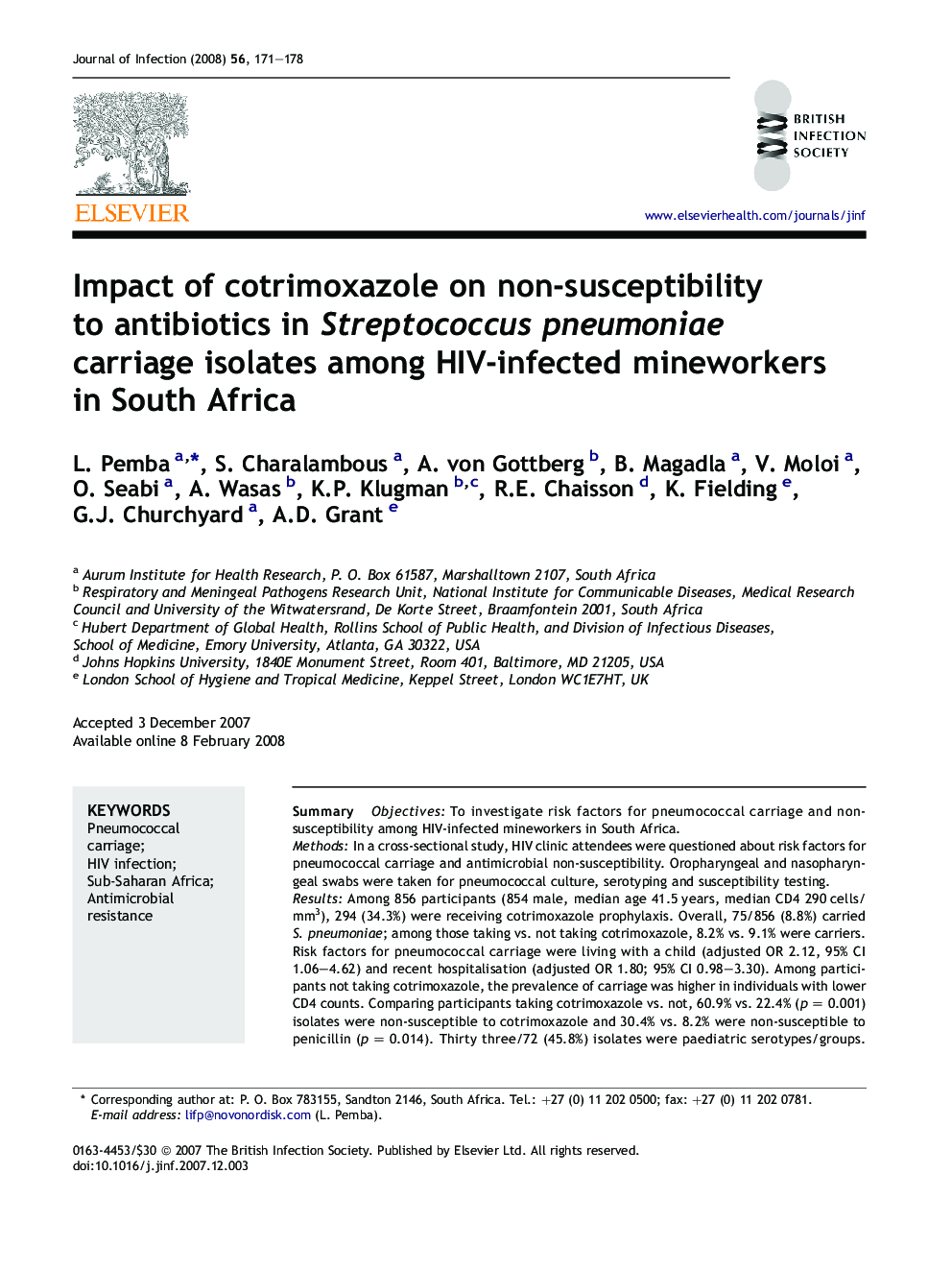 Impact of cotrimoxazole on non-susceptibility to antibiotics in Streptococcus pneumoniae carriage isolates among HIV-infected mineworkers in South Africa