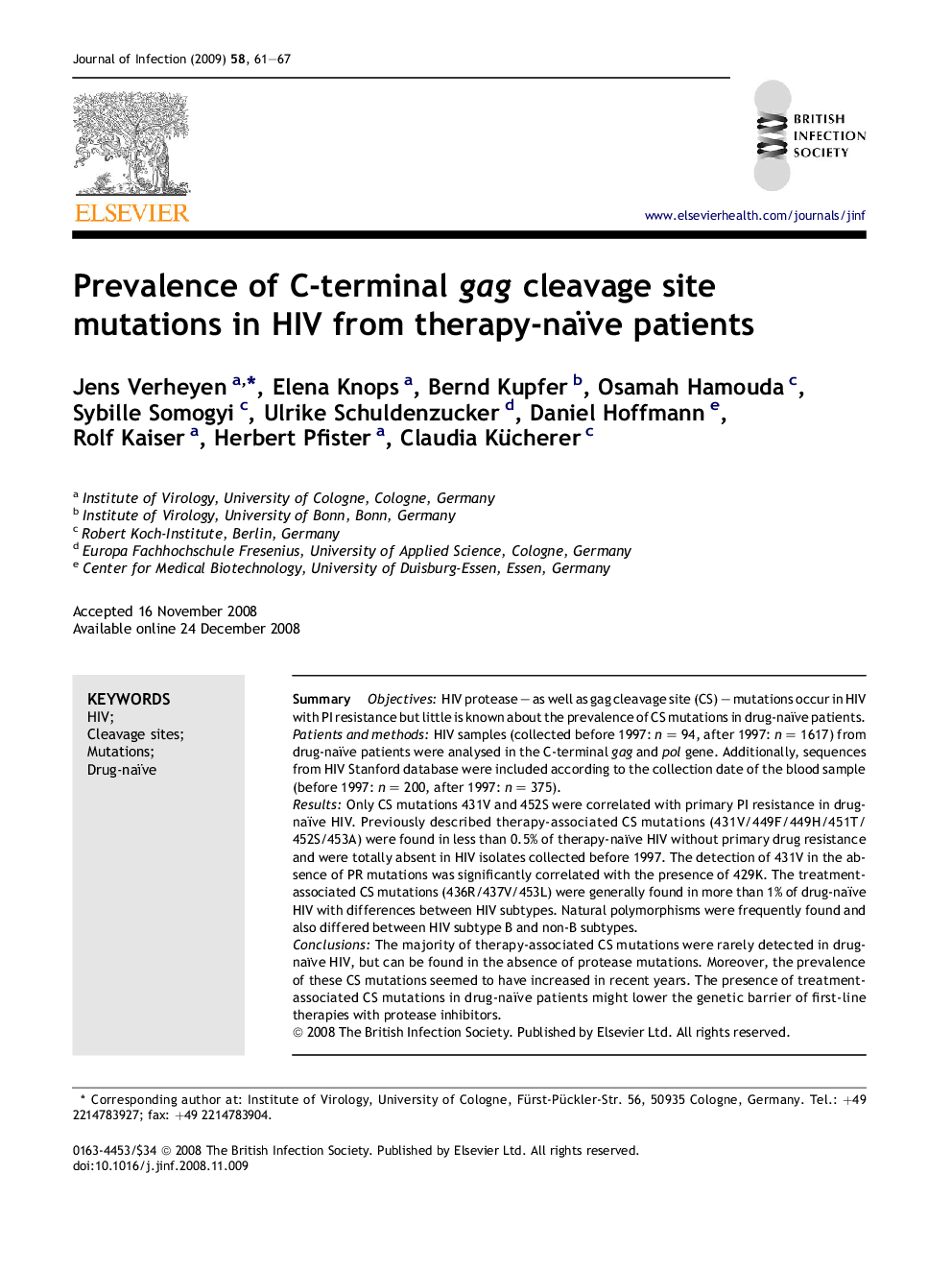 Prevalence of C-terminal gag cleavage site mutations in HIV from therapy-naïve patients