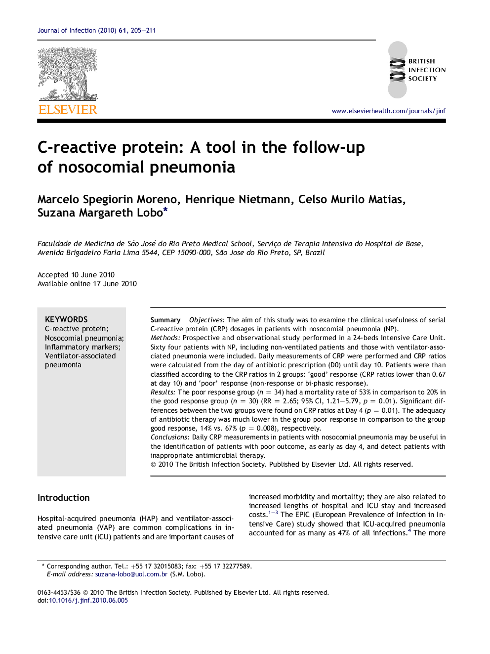 C-reactive protein: A tool in the follow-up of nosocomial pneumonia