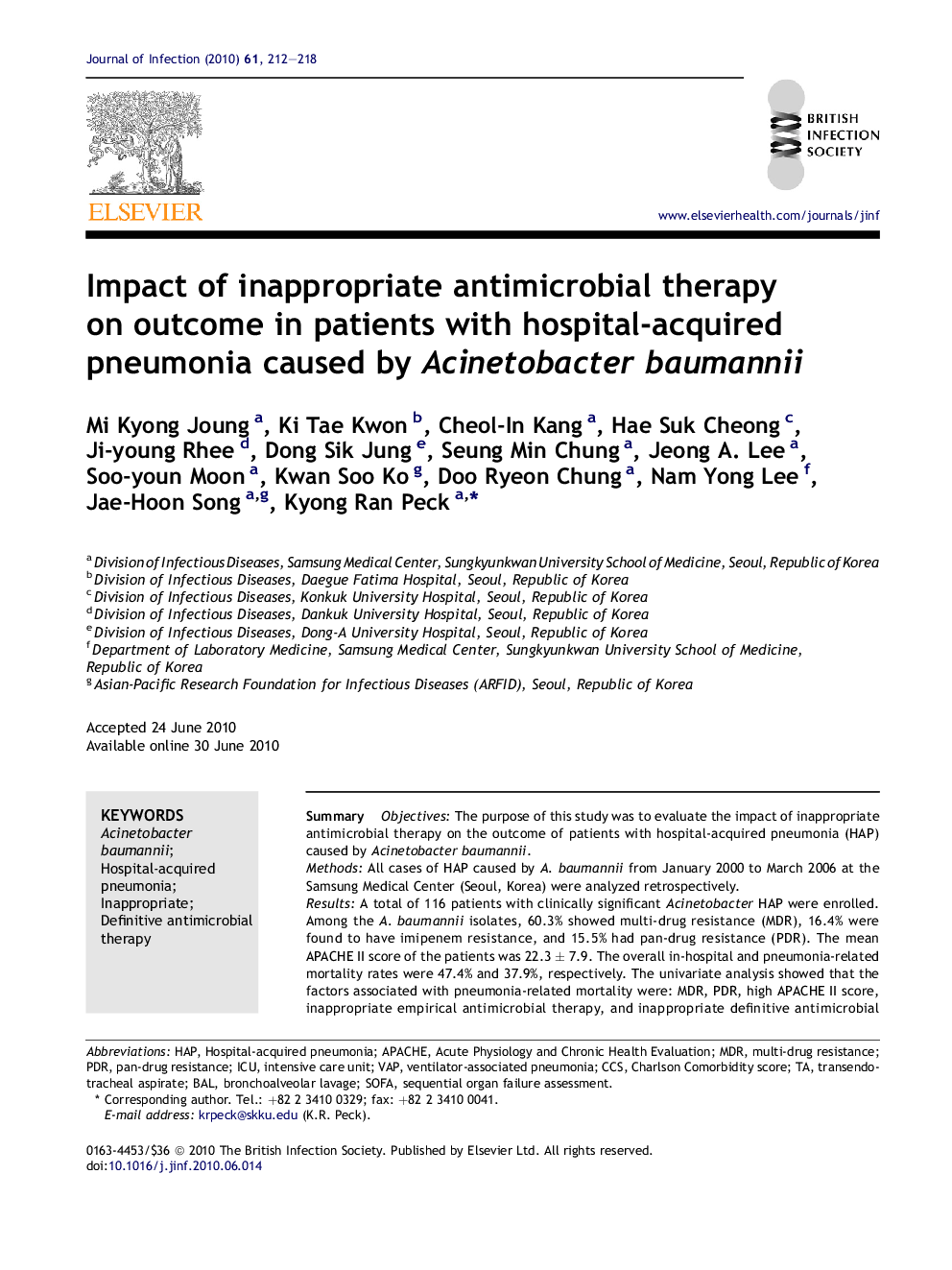 Impact of inappropriate antimicrobial therapy on outcome in patients with hospital-acquired pneumonia caused by Acinetobacter baumannii