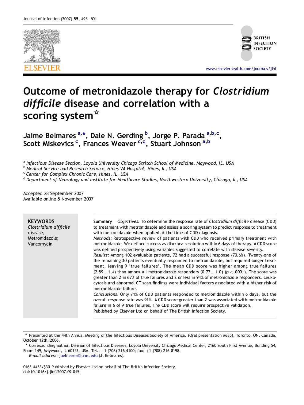 Outcome of metronidazole therapy for Clostridium difficile disease and correlation with a scoring system 