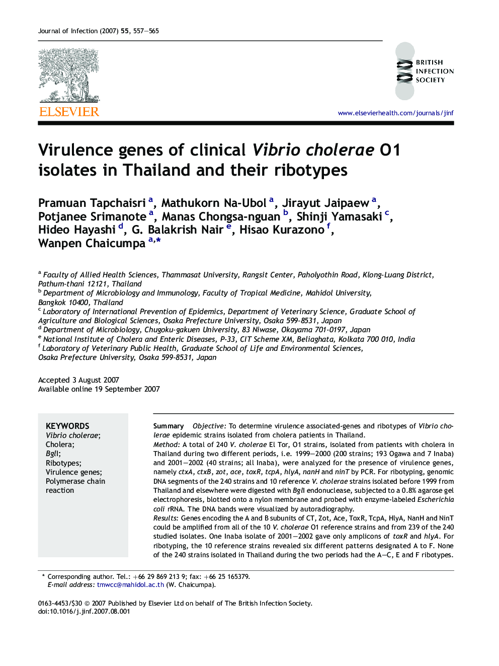 Virulence genes of clinical Vibrio cholerae O1 isolates in Thailand and their ribotypes