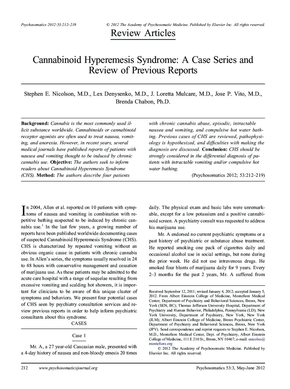عکس صفحه اول مقاله: Cannabinoid Hyperemesis Syndrome: A Case Series and Review of Previous Reports Cannabinoid Hyperemesis Syndrome: A Case Series and Review of Previous Reports