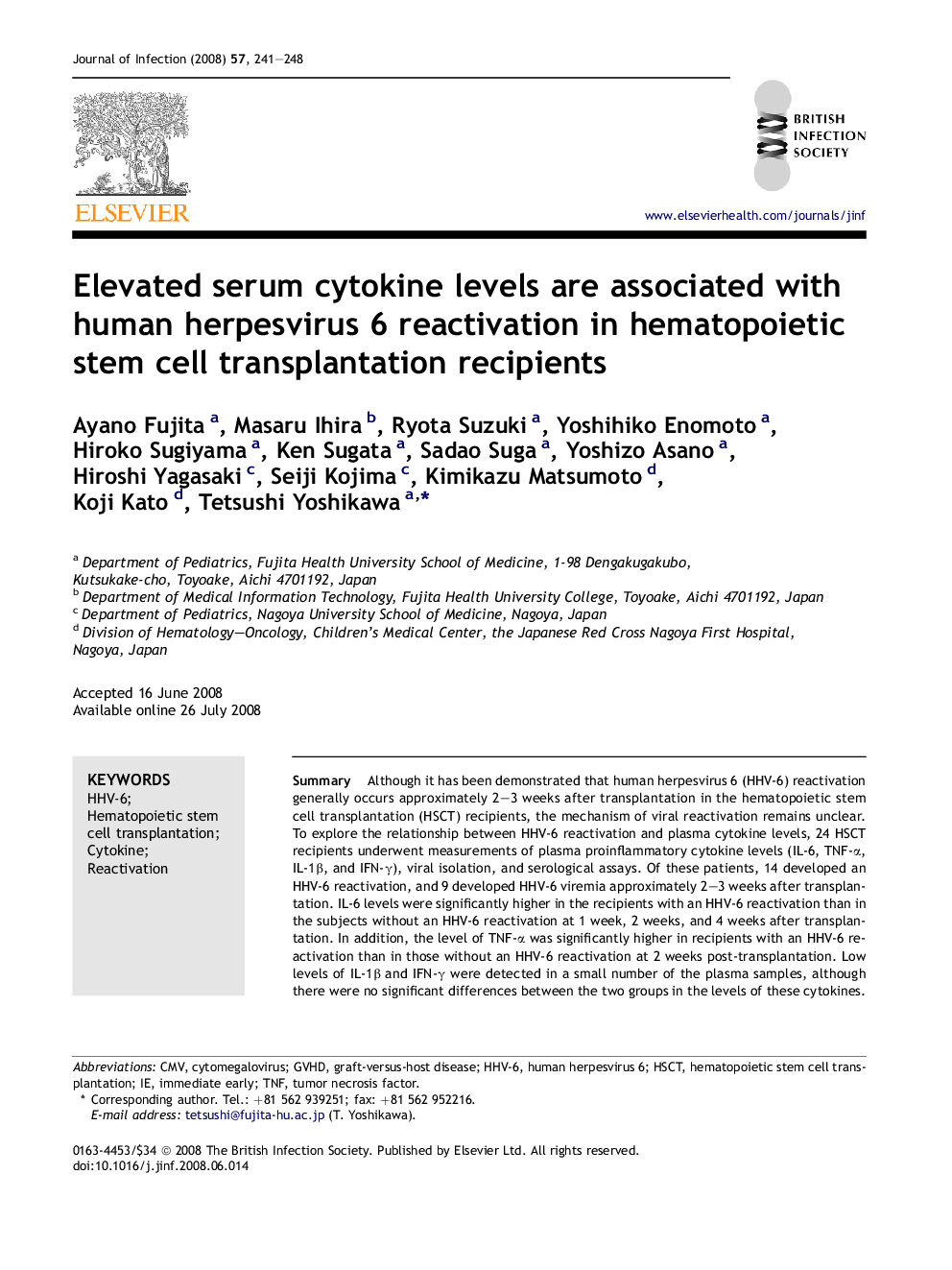 Elevated serum cytokine levels are associated with human herpesvirus 6 reactivation in hematopoietic stem cell transplantation recipients