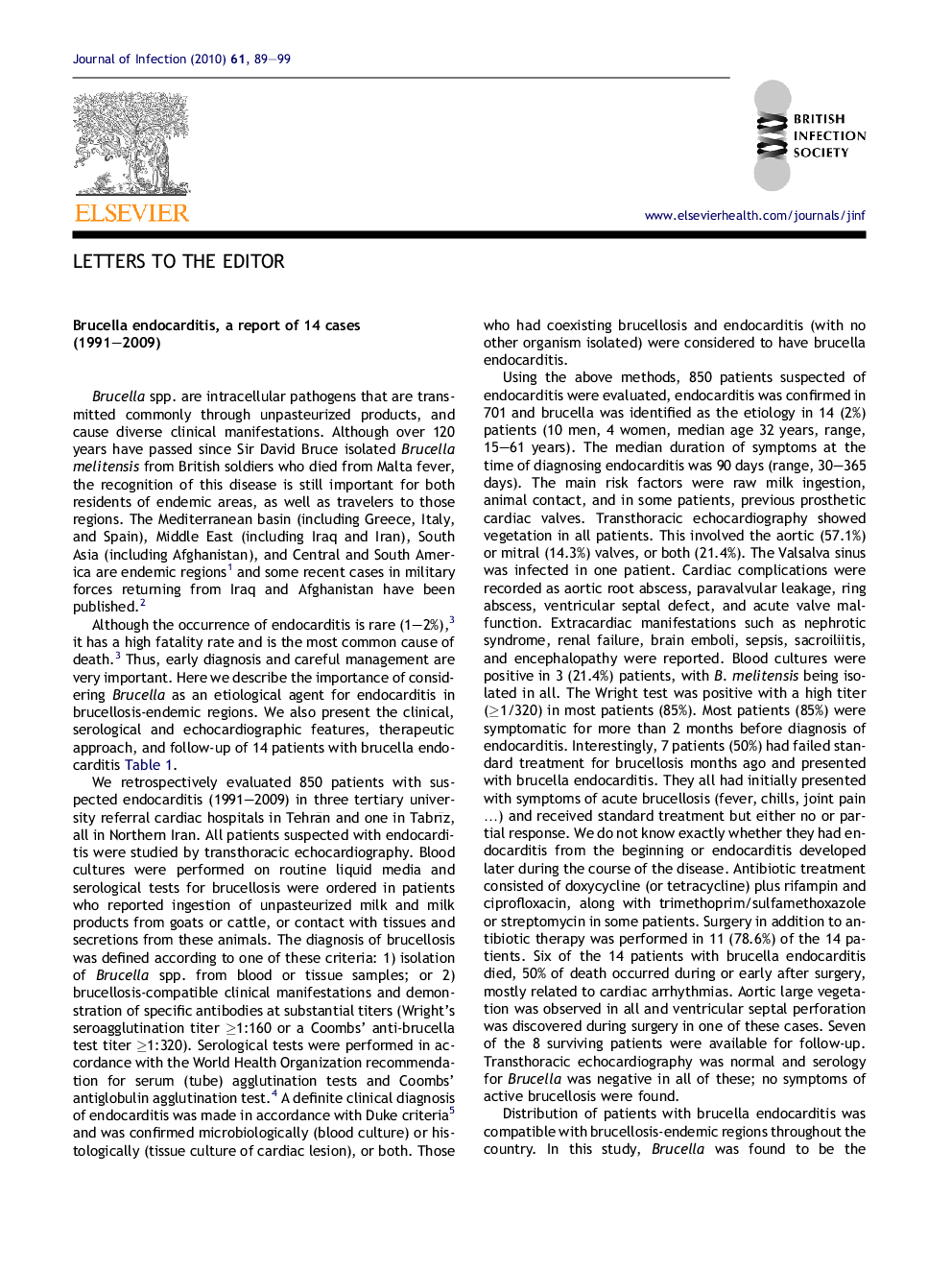 عکس صفحه اول مقاله: Brucella endocarditis, a report of 14 cases (1991-2009) Brucella endocarditis, a report of 14 cases (1991-2009)