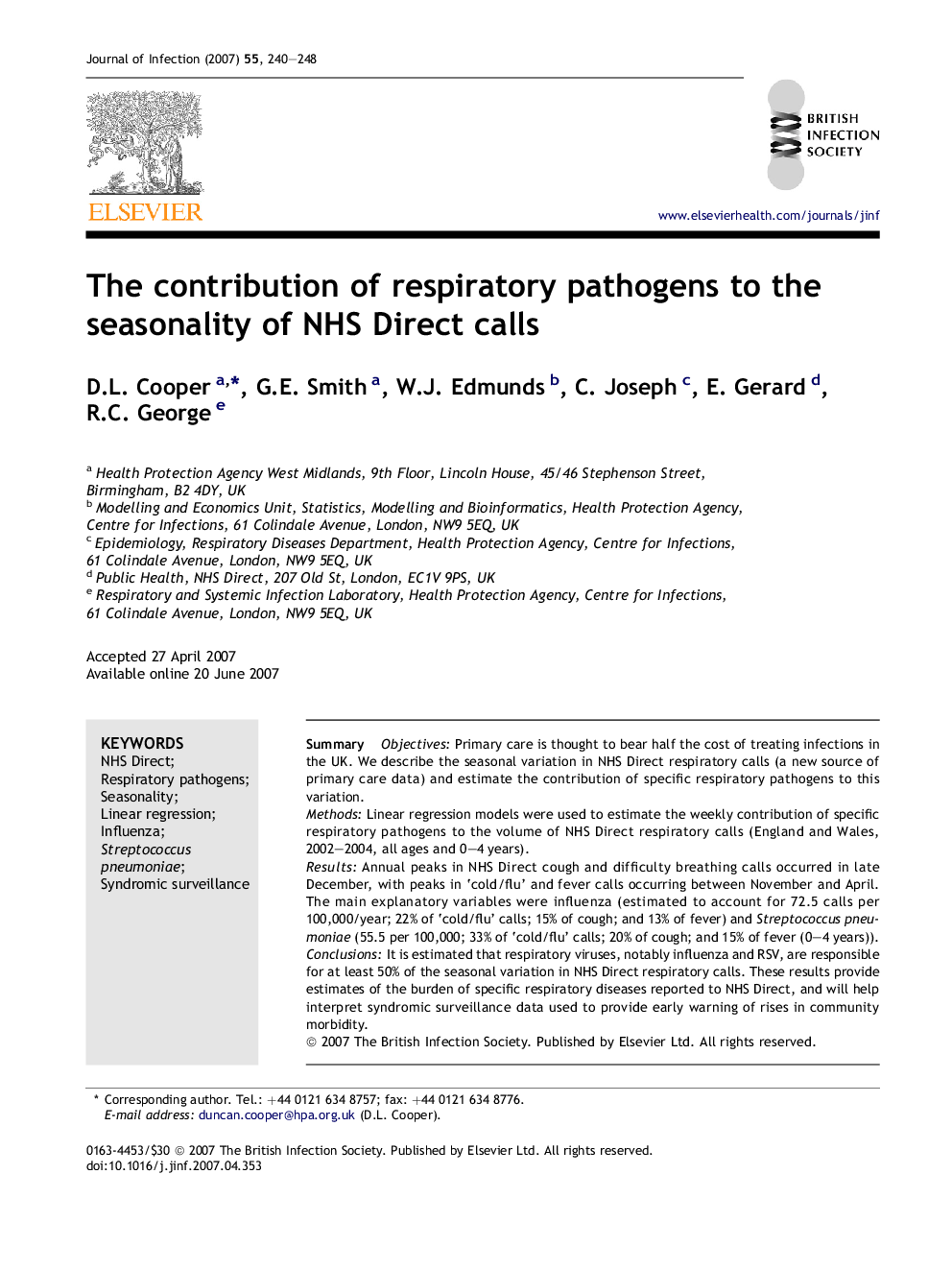 The contribution of respiratory pathogens to the seasonality of NHS Direct calls