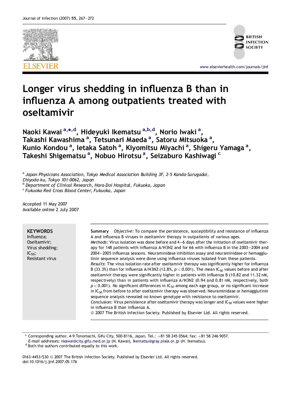 Longer virus shedding in influenza B than in influenza A among outpatients treated with oseltamivir