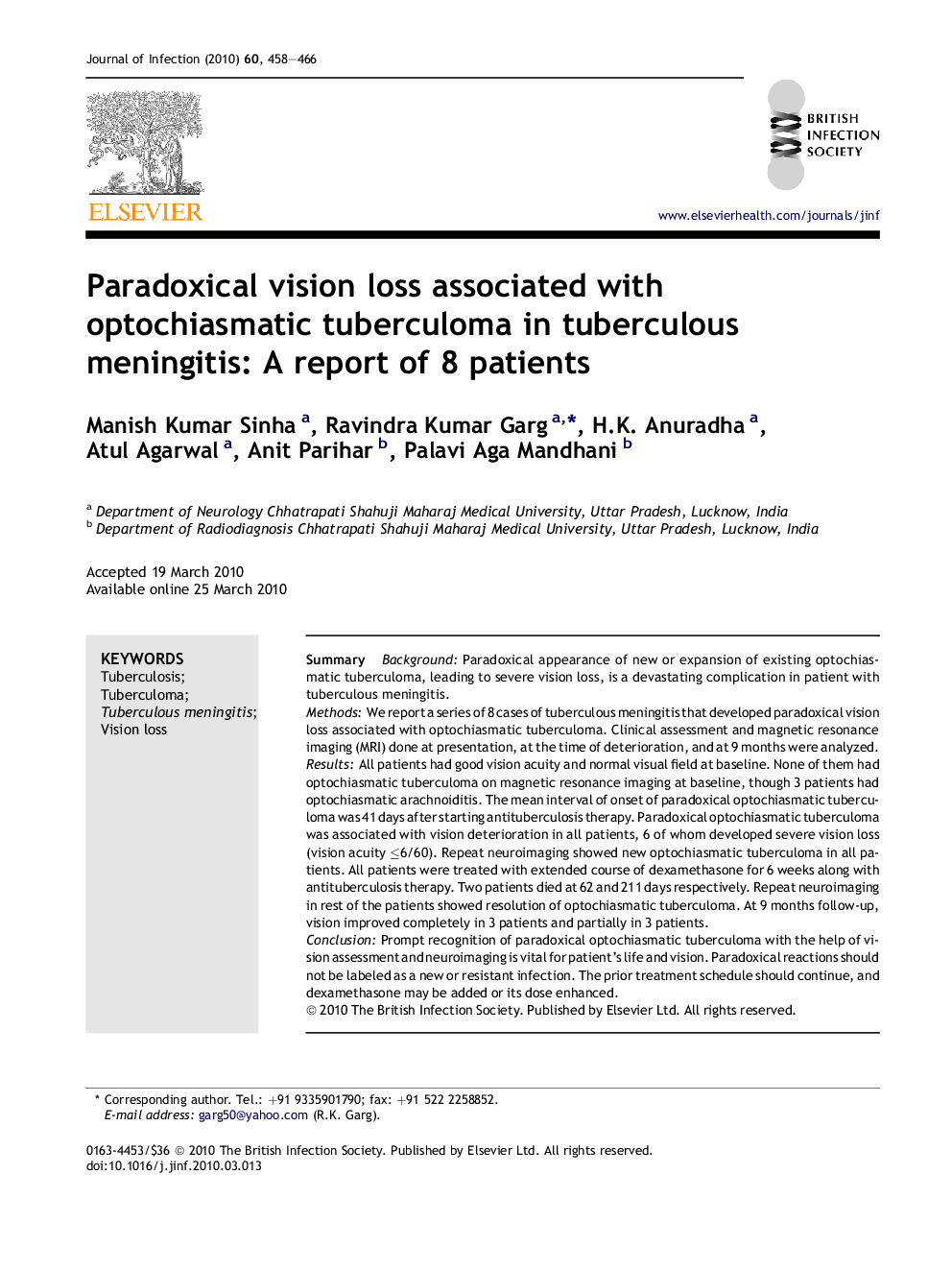 Paradoxical vision loss associated with optochiasmatic tuberculoma in tuberculous meningitis: A report of 8 patients