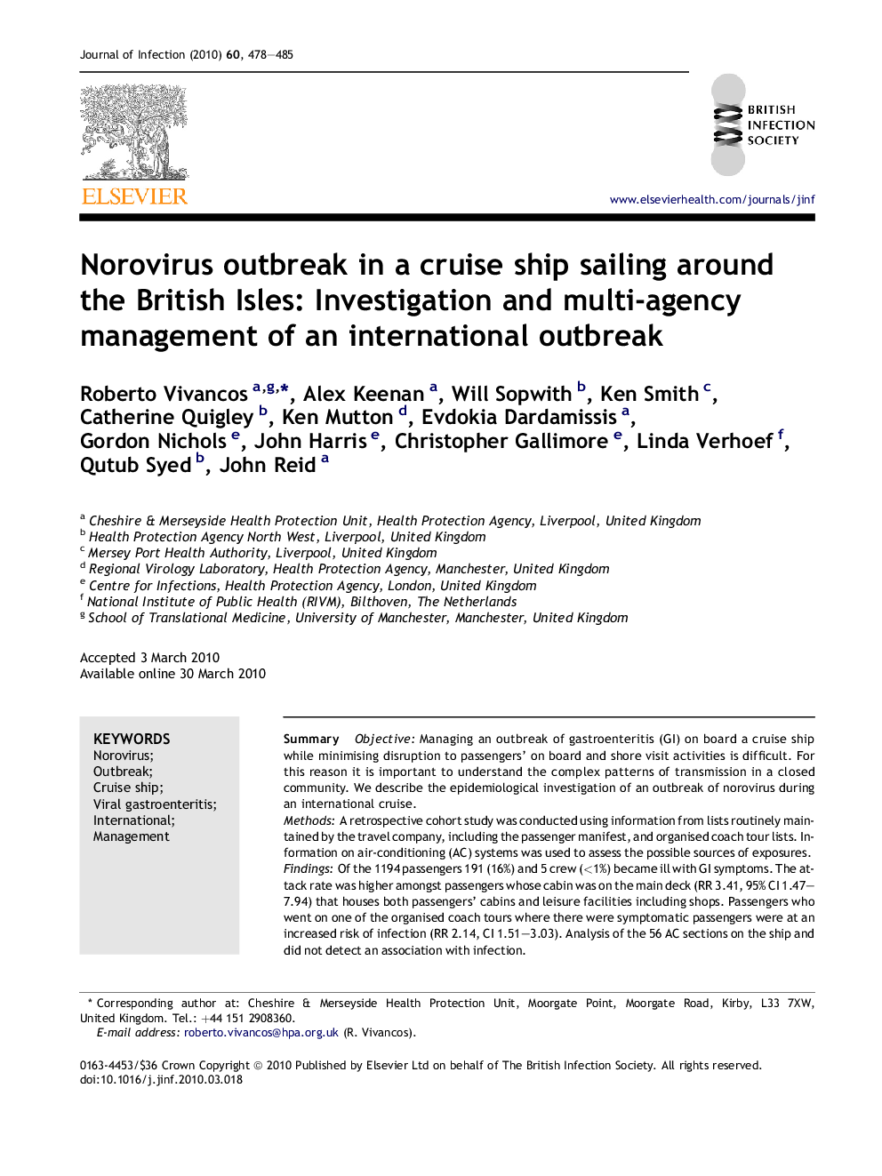 Norovirus outbreak in a cruise ship sailing around the British Isles: Investigation and multi-agency management of an international outbreak