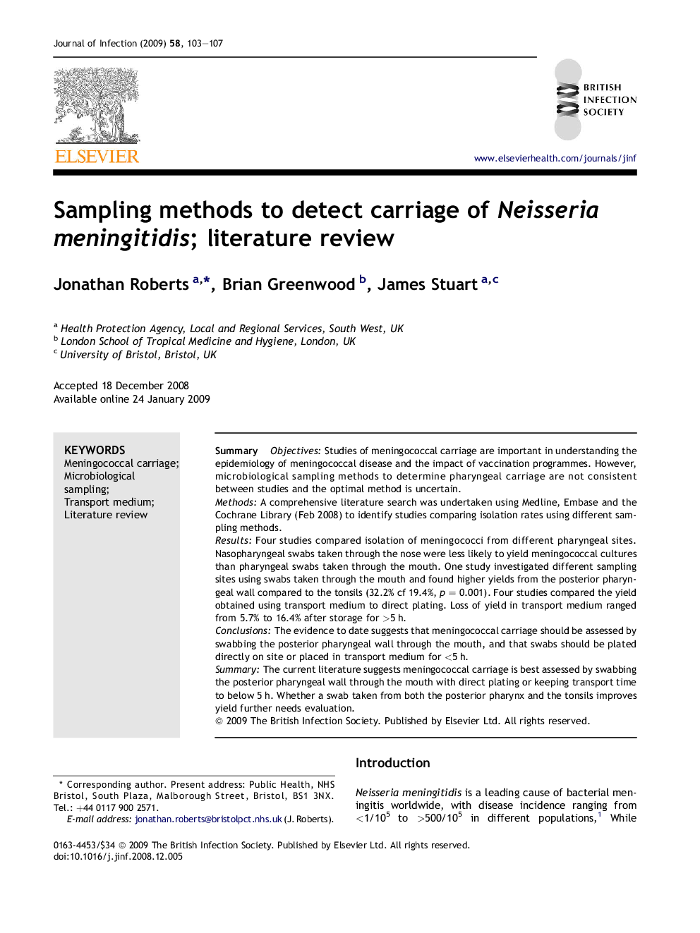 Sampling methods to detect carriage of Neisseria meningitidis; literature review