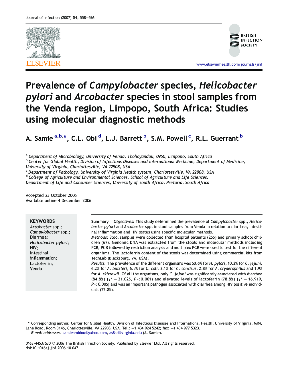 Prevalence of Campylobacter species, Helicobacter pylori and Arcobacter species in stool samples from the Venda region, Limpopo, South Africa: Studies using molecular diagnostic methods