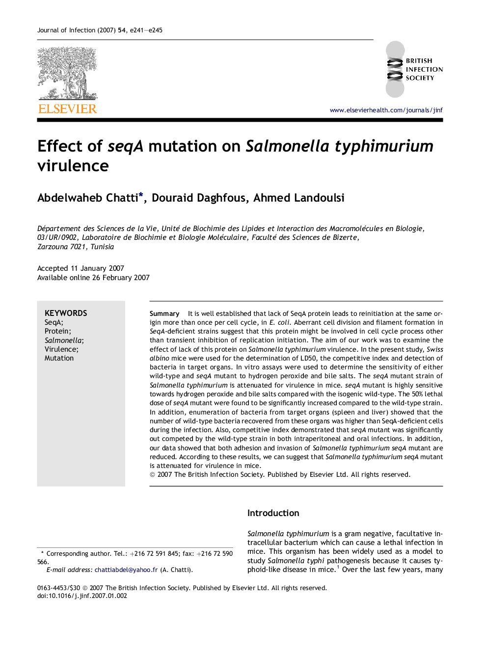 Effect of seqA mutation on Salmonella typhimurium virulence