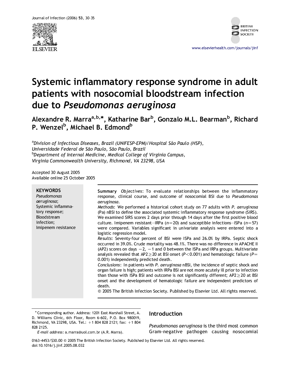 Systemic inflammatory response syndrome in adult patients with nosocomial bloodstream infection due to Pseudomonas aeruginosa