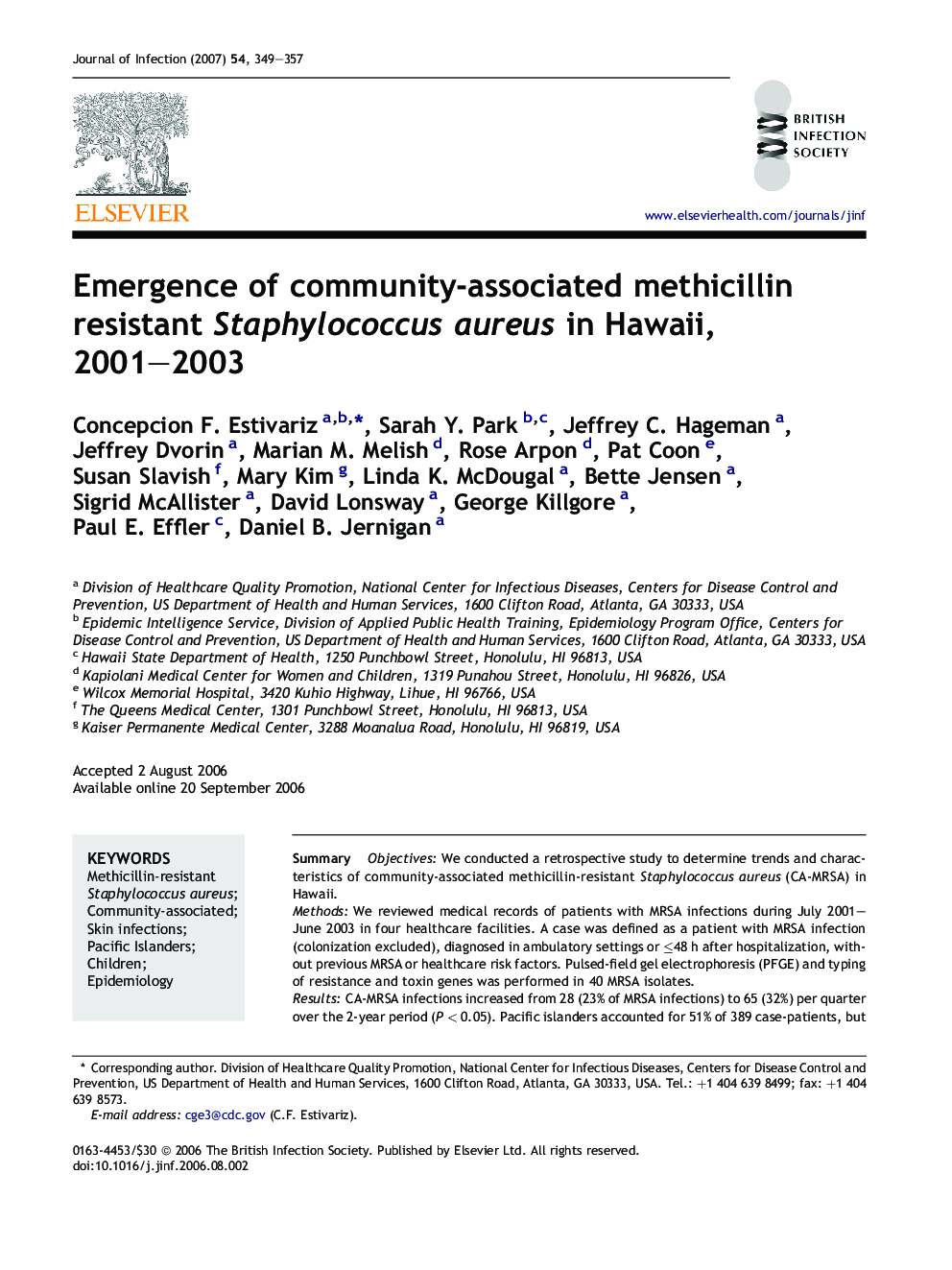 Emergence of community-associated methicillin resistant Staphylococcus aureus in Hawaii, 2001–2003