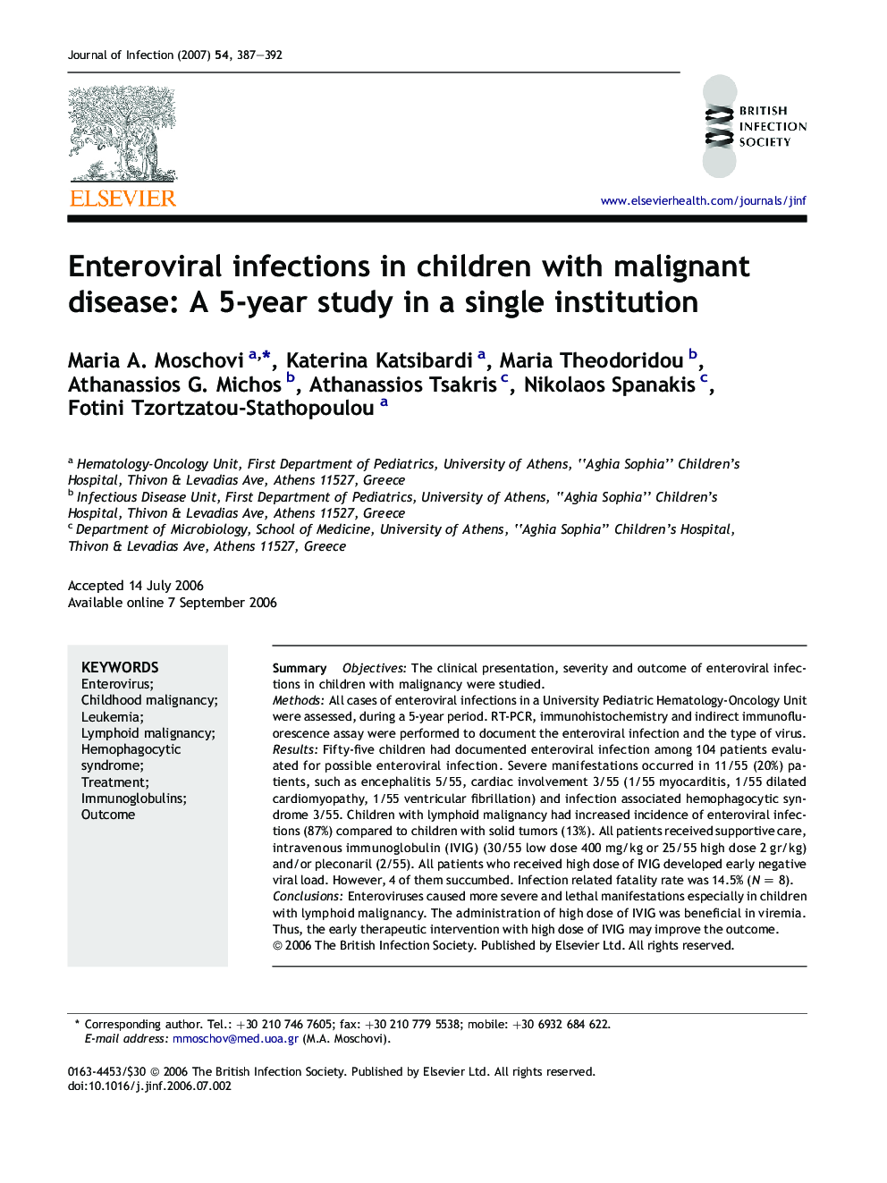 Enteroviral infections in children with malignant disease: A 5-year study in a single institution