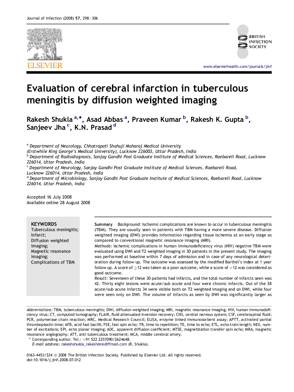 Evaluation of cerebral infarction in tuberculous meningitis by diffusion weighted imaging