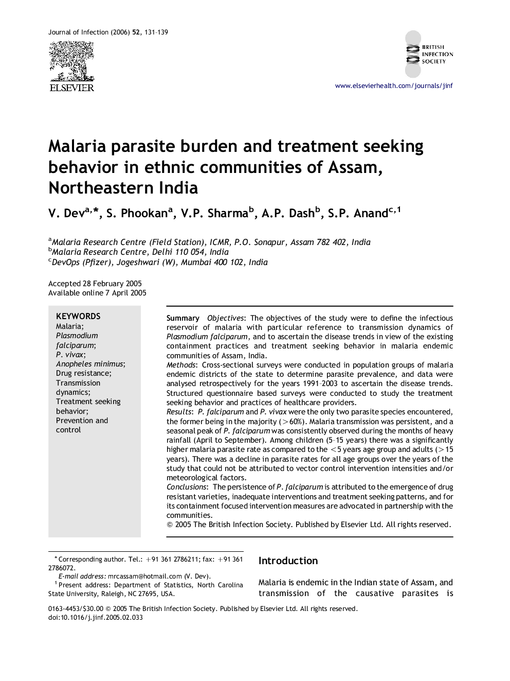 Malaria parasite burden and treatment seeking behavior in ethnic communities of Assam, Northeastern India