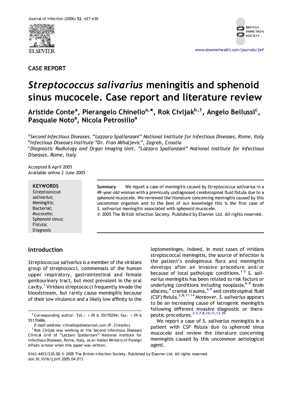 Streptococcus salivarius meningitis and sphenoid sinus mucocele. Case report and literature review