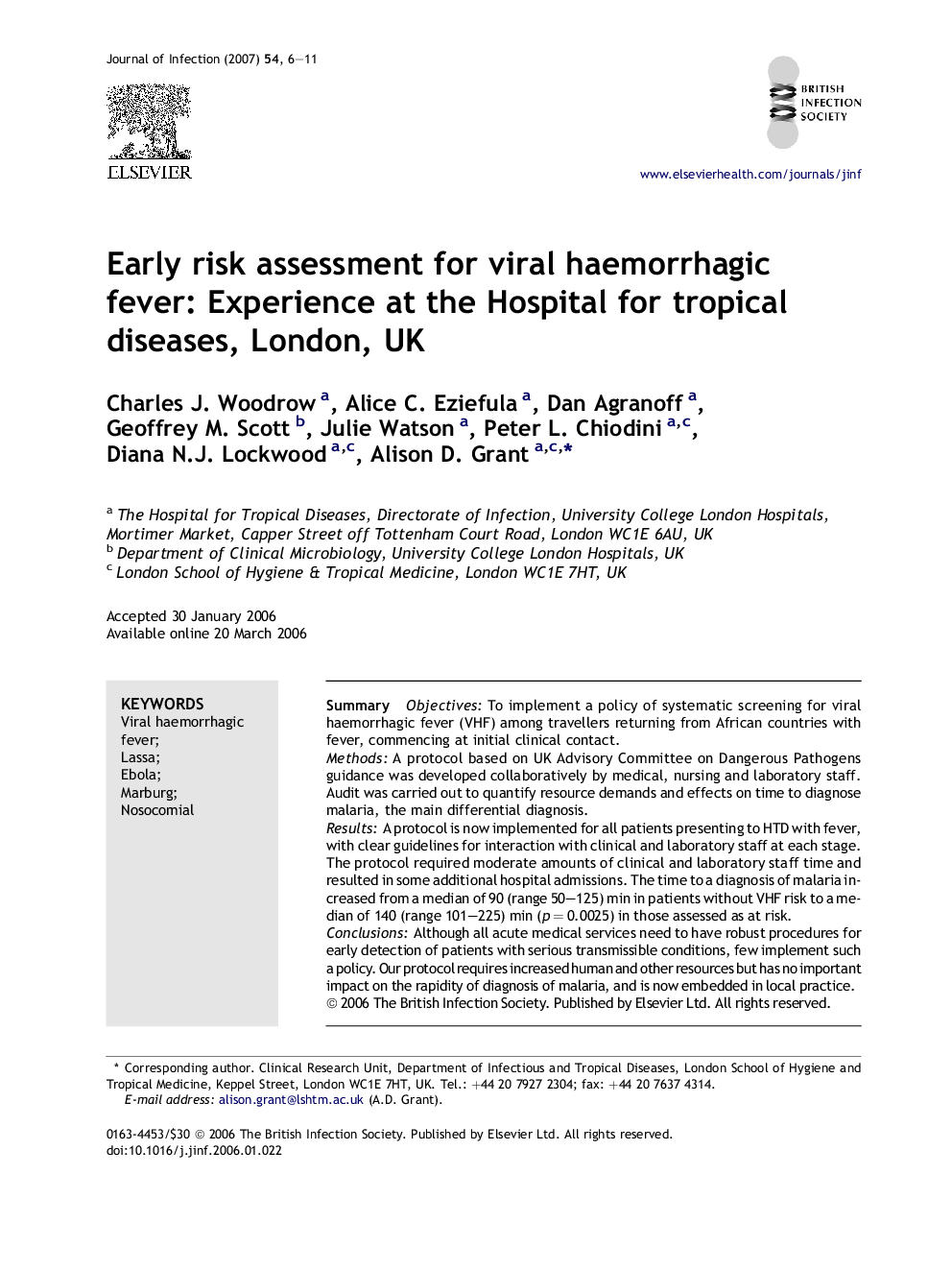 Early risk assessment for viral haemorrhagic fever: Experience at the Hospital for tropical diseases, London, UK