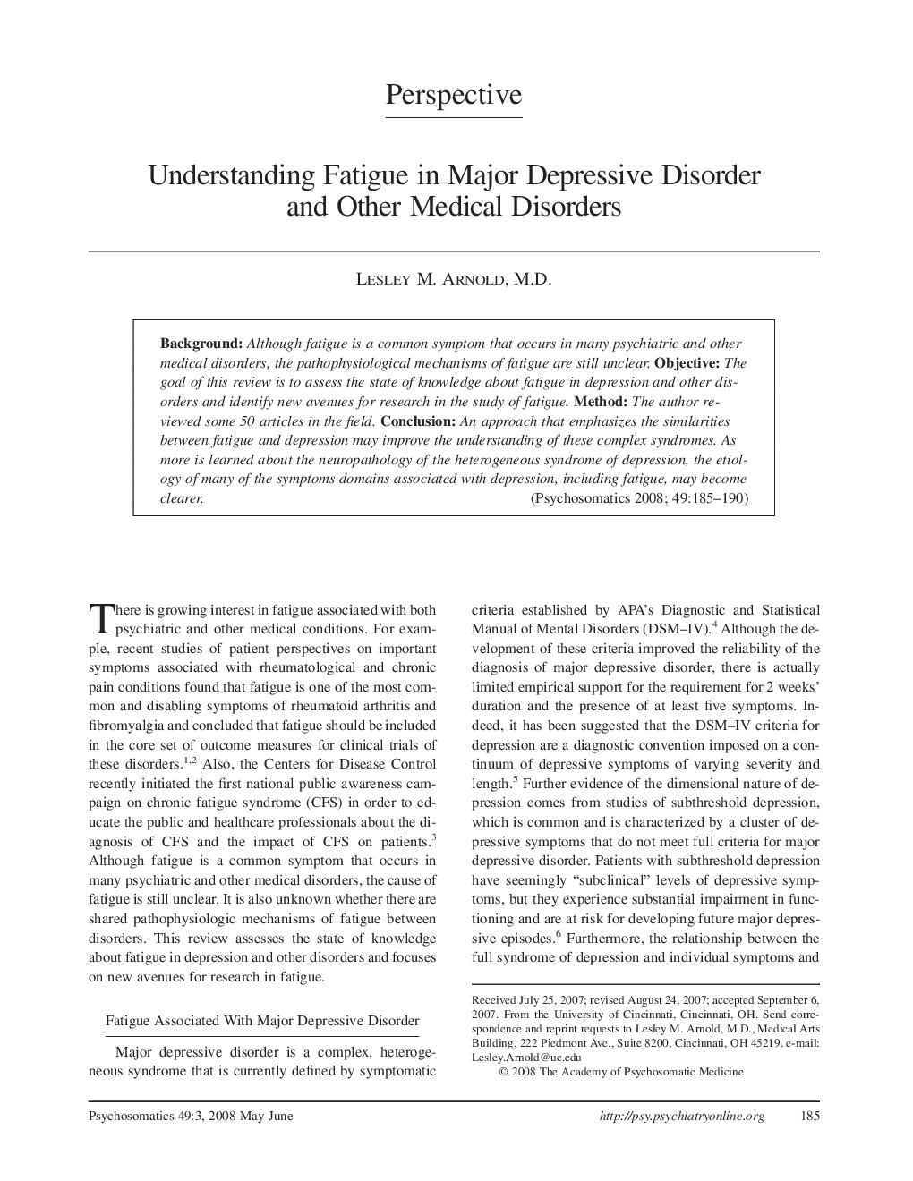 Understanding Fatigue in Major Depressive Disorder and Other Medical Disorders