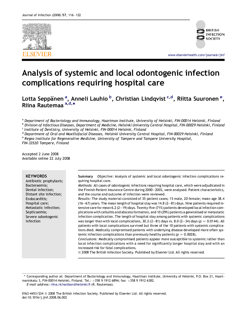 Analysis of systemic and local odontogenic infection complications requiring hospital care