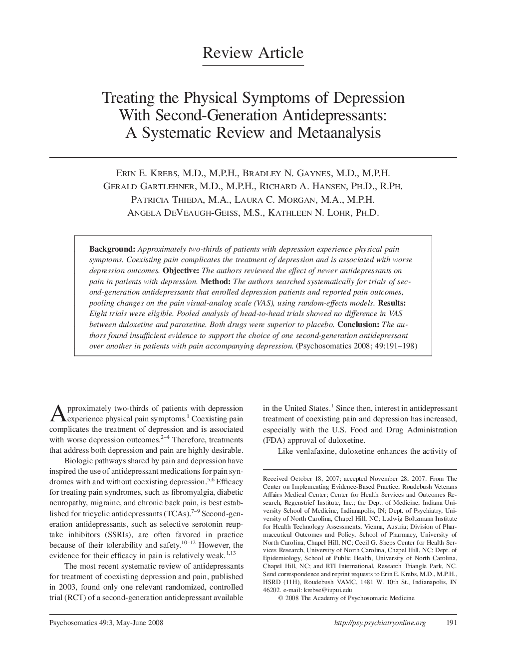 Treating the Physical Symptoms of Depression With Second-Generation Antidepressants: A Systematic Review and Metaanalysis