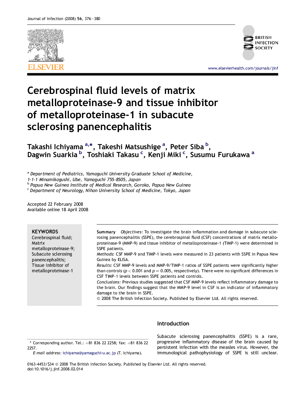 Cerebrospinal fluid levels of matrix metalloproteinase-9 and tissue inhibitor of metalloproteinase-1 in subacute sclerosing panencephalitis