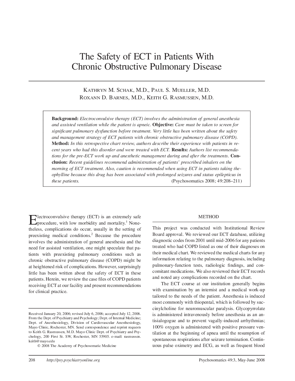 The Safety of ECT in Patients With Chronic Obstructive Pulmonary Disease