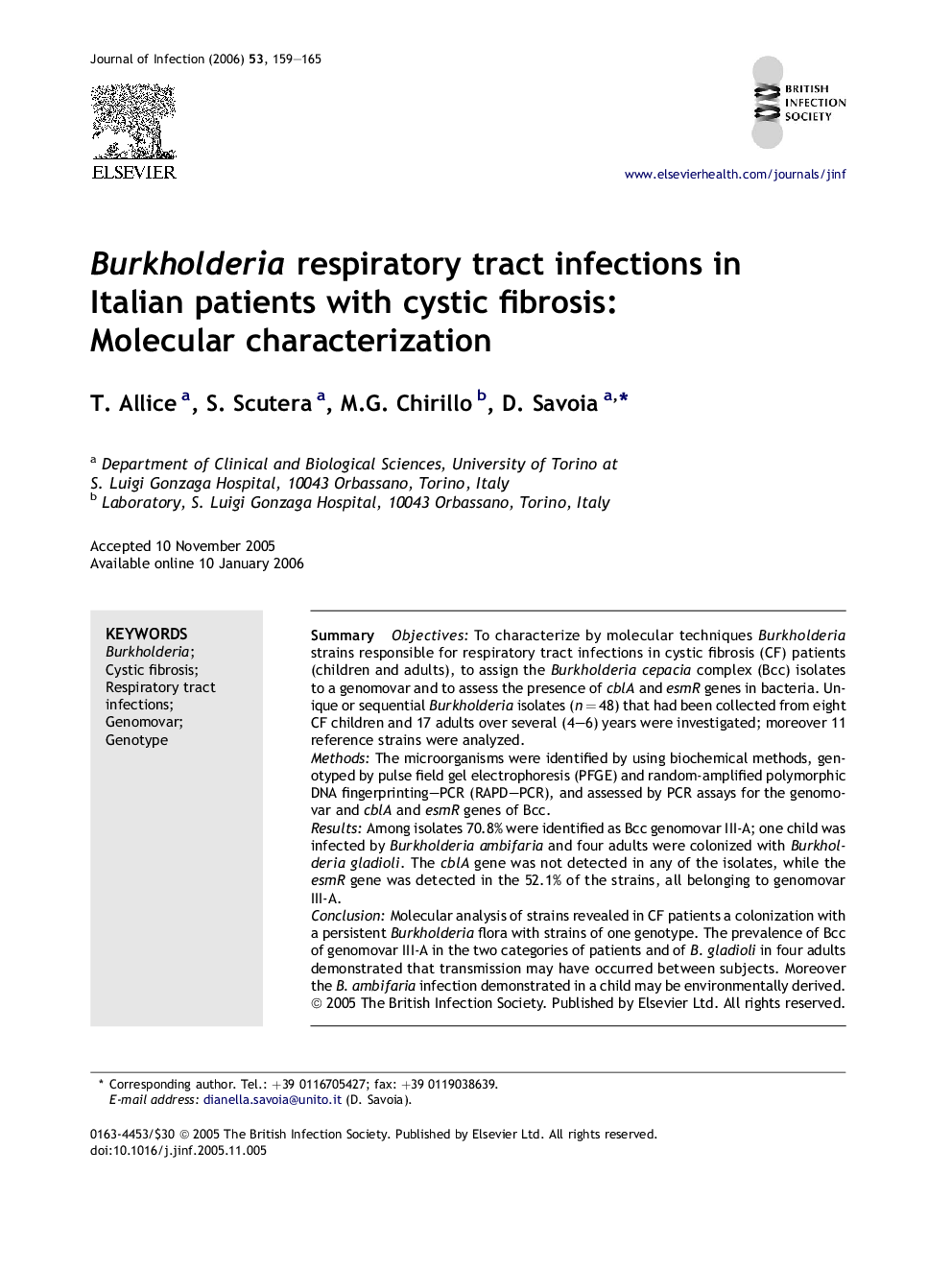 Burkholderia respiratory tract infections in Italian patients with cystic fibrosis: Molecular characterization