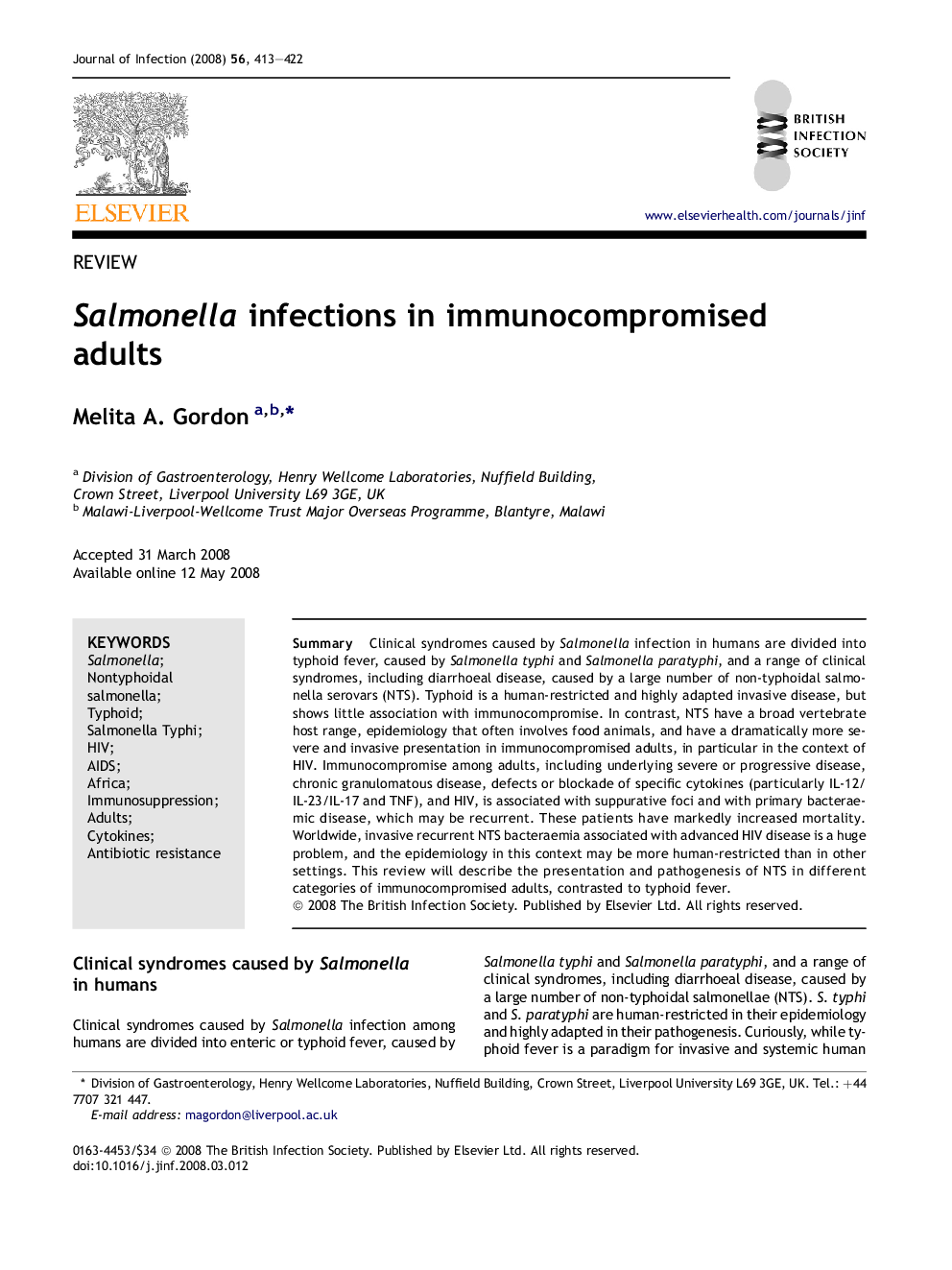 Salmonella infections in immunocompromised adults