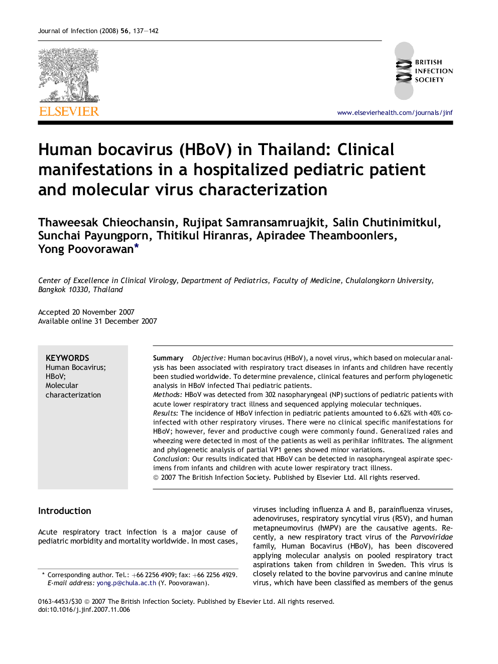 Human bocavirus (HBoV) in Thailand: Clinical manifestations in a hospitalized pediatric patient and molecular virus characterization