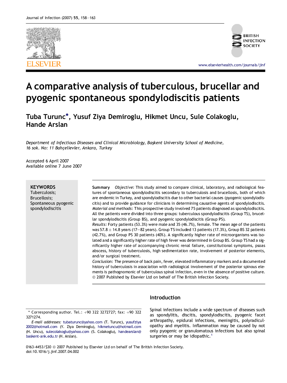 A comparative analysis of tuberculous, brucellar and pyogenic spontaneous spondylodiscitis patients