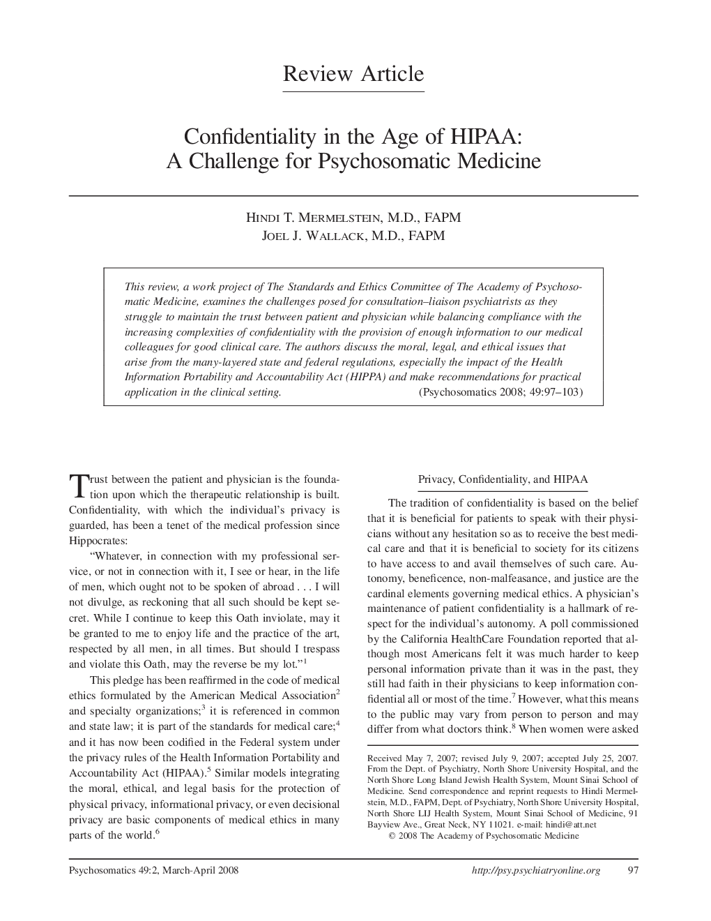 عکس صفحه اول مقاله: Confidentiality in the Age of HIPAA: A Challenge for Psychosomatic Medicine Confidentiality in the Age of HIPAA: A Challenge for Psychosomatic Medicine