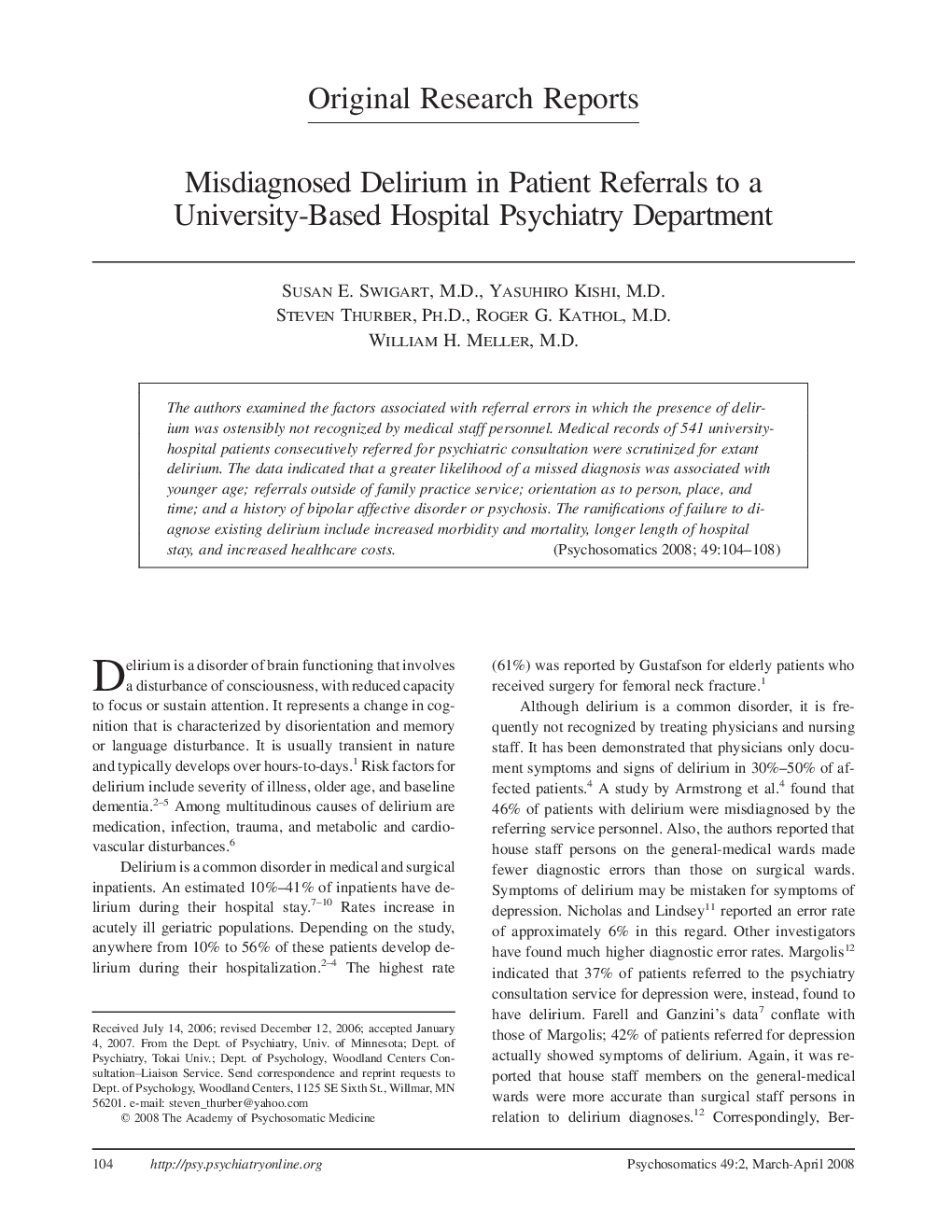 عکس صفحه اول مقاله: Misdiagnosed Delirium in Patient Referrals to a University-Based Hospital Psychiatry Department Misdiagnosed Delirium in Patient Referrals to a University-Based Hospital Psychiatry Department