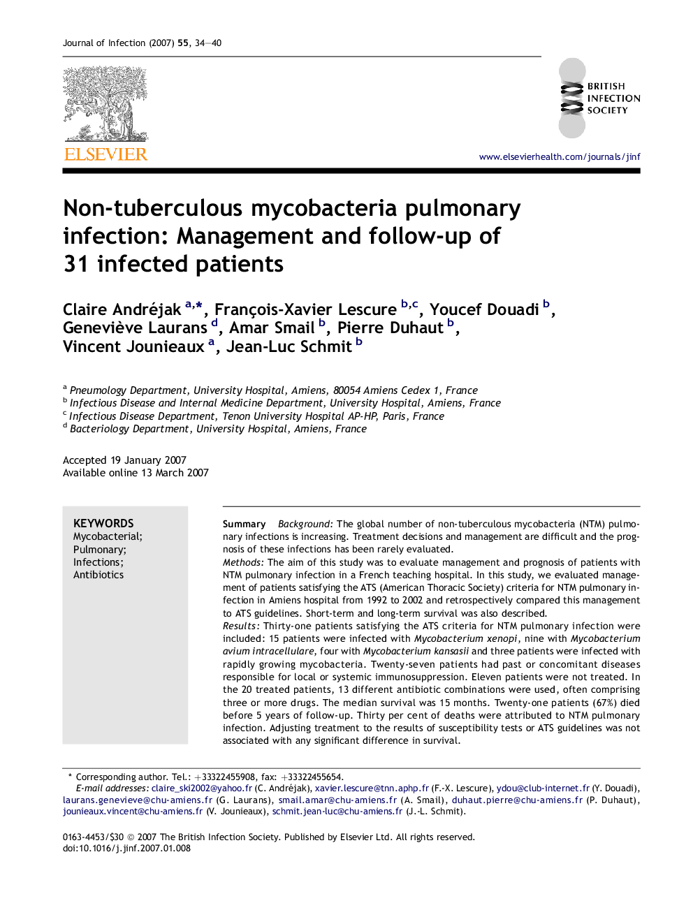 Non-tuberculous mycobacteria pulmonary infection: Management and follow-up of 31 infected patients