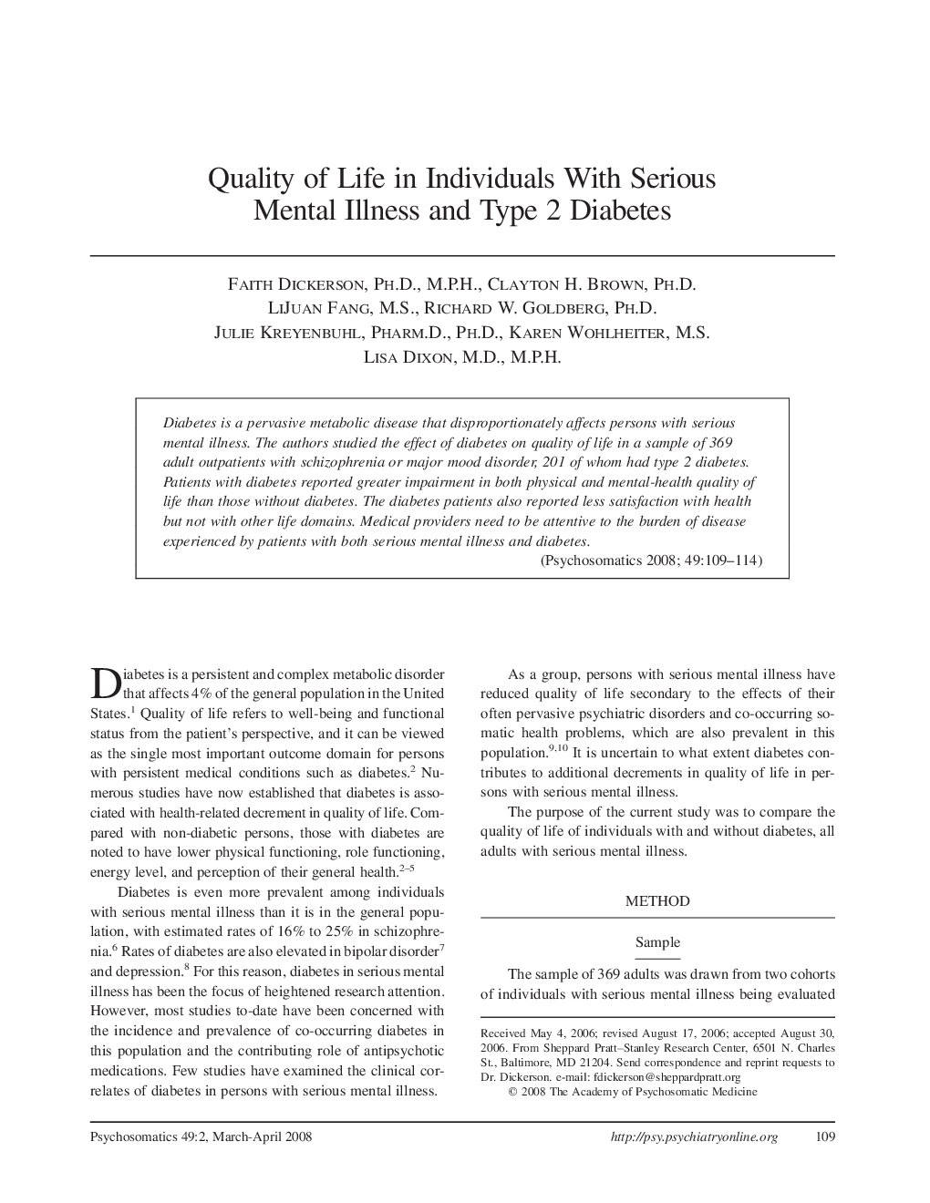 Quality of Life in Individuals With Serious Mental Illness and Type 2 Diabetes