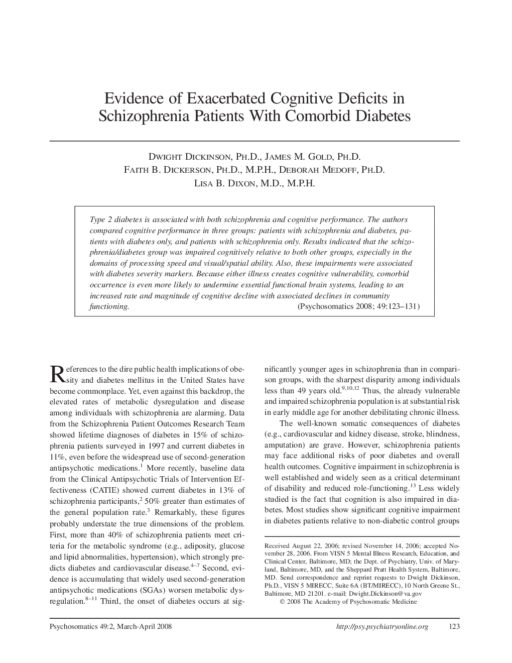 Evidence of Exacerbated Cognitive Deficits in Schizophrenia Patients With Comorbid Diabetes