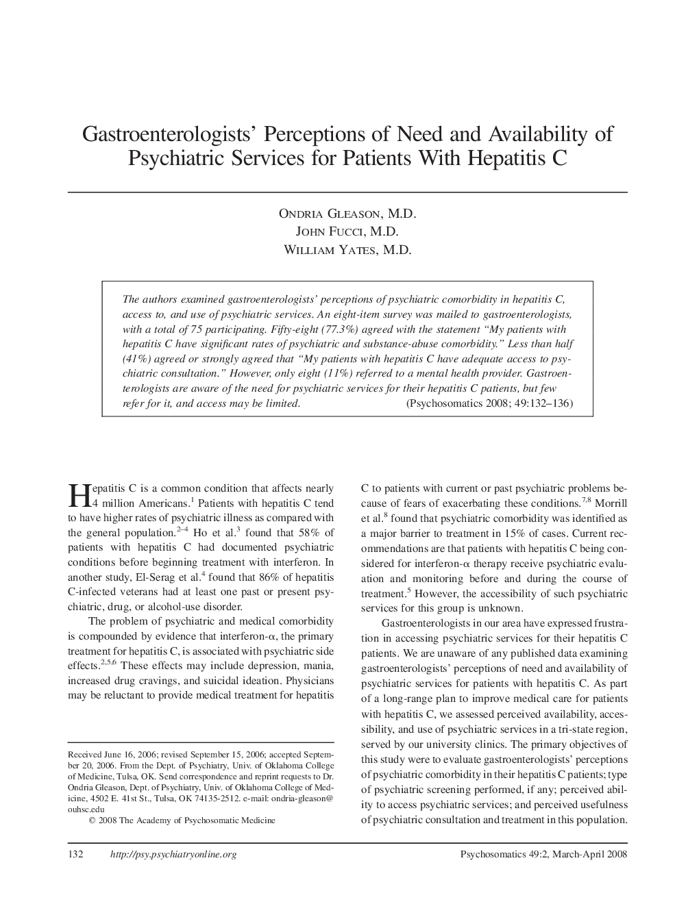 Gastroenterologists’ Perceptions of Need and Availability of Psychiatric Services for Patients With Hepatitis C