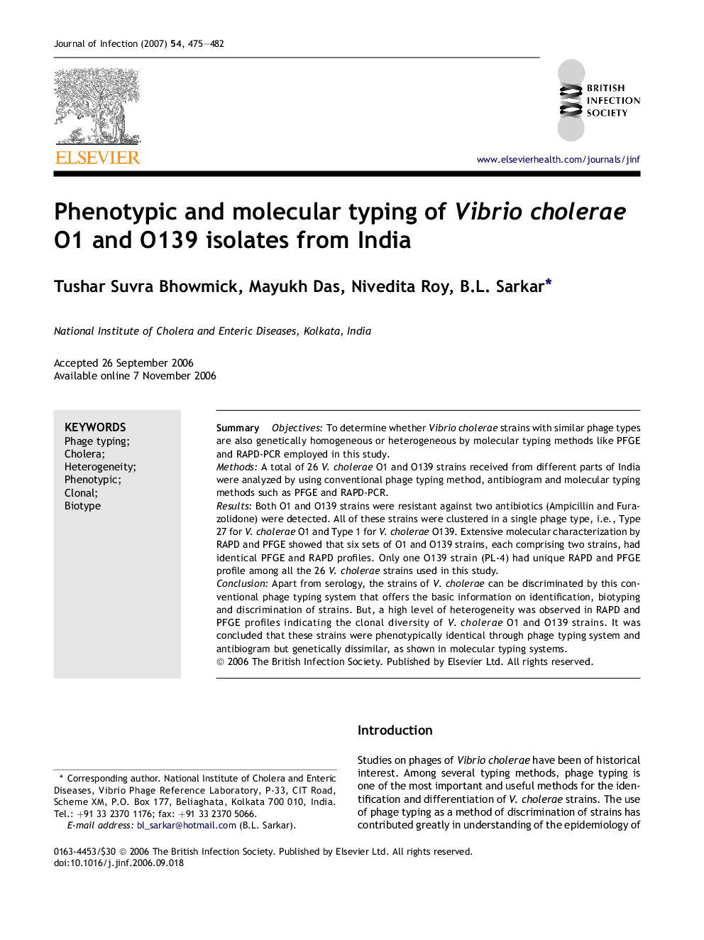 Phenotypic and molecular typing of Vibrio cholerae O1 and O139 isolates from India