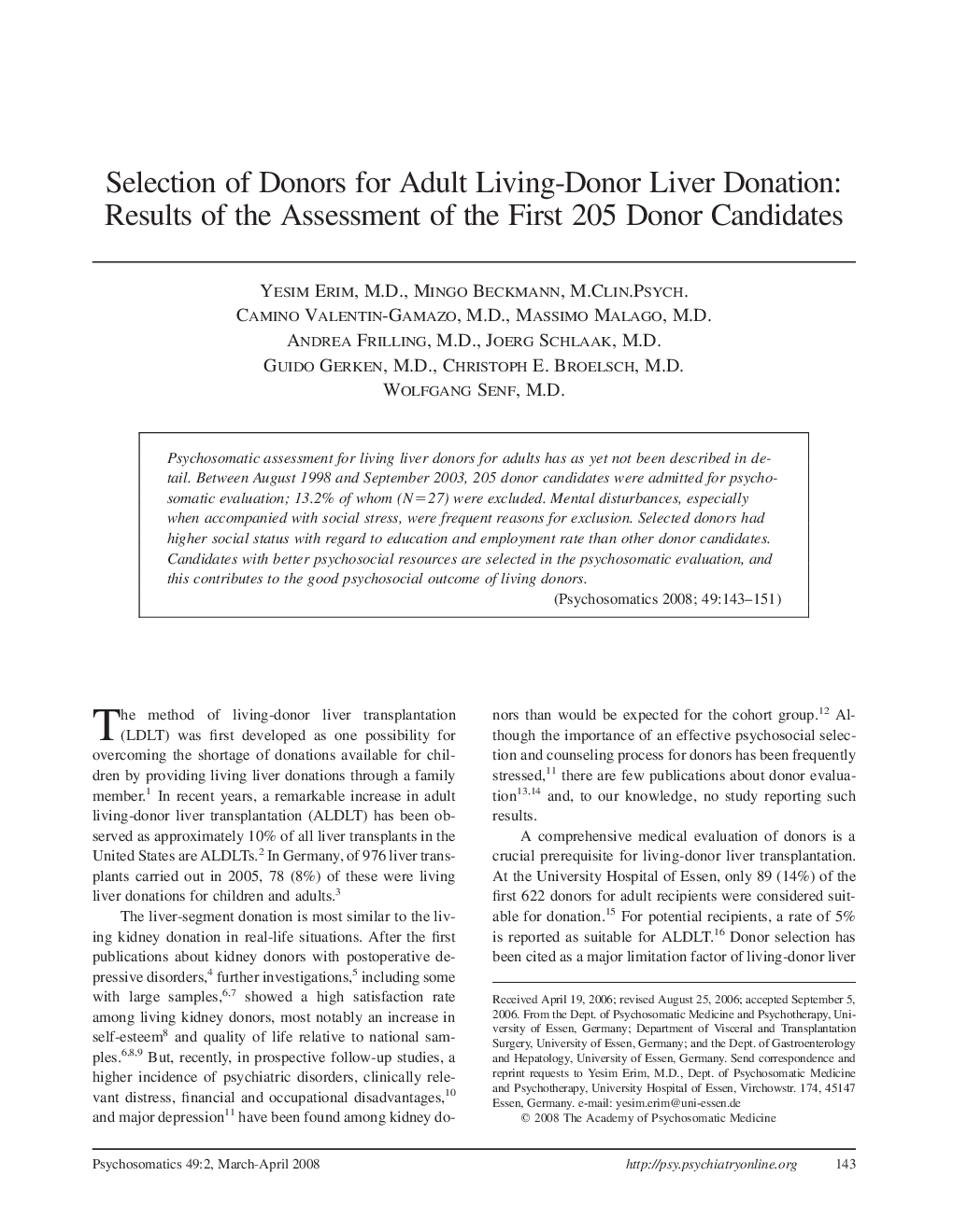 Selection of Donors for Adult Living-Donor Liver Donation: Results of the Assessment of the First 205 Donor Candidates