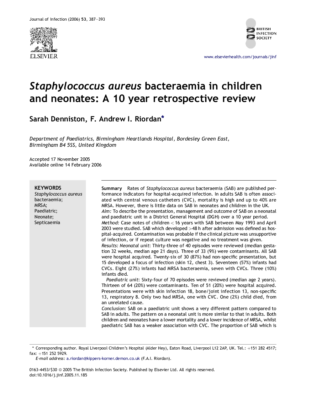 Staphylococcus aureus bacteraemia in children and neonates: A 10 year retrospective review