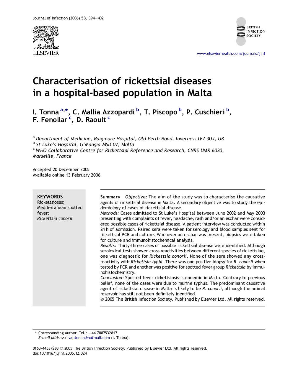 Characterisation of rickettsial diseases in a hospital-based population in Malta